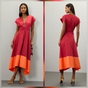 Roksanda Two-Tone Midi Casual Dress Short sleeves Plunge neck Size 6